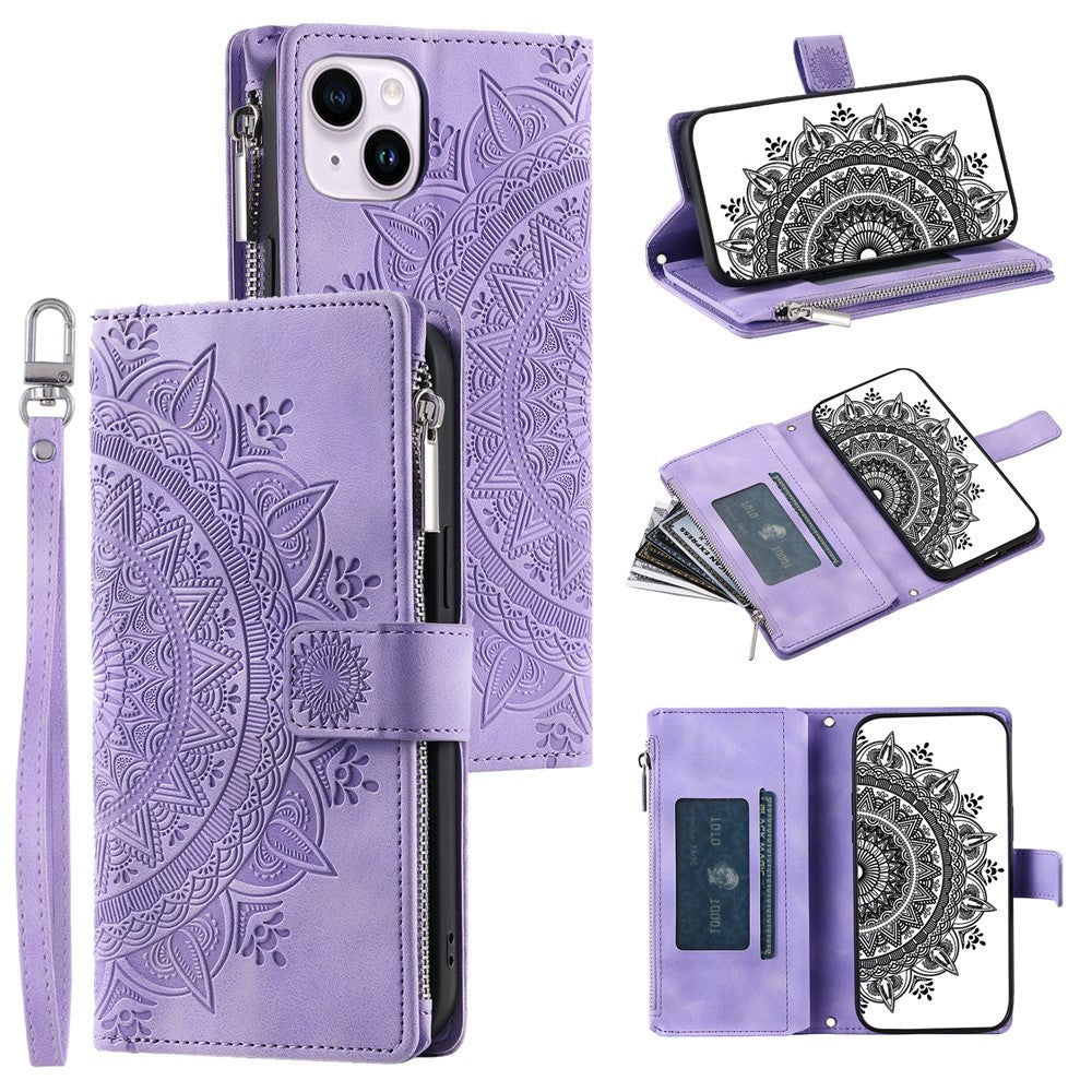 Mandala Flower Imprinted PU Leather Cover for iPhone 15 Zipper Pocket Anti-Drop Wallet Phone Case with Strap
