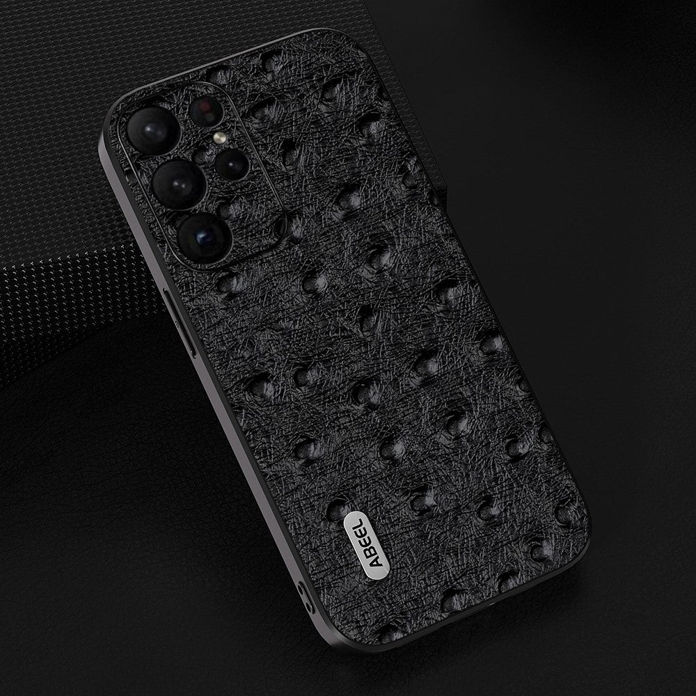 ABEEL Telefoncover med strudsetekstur til Samsung Galaxy S23 Ultra i ægte okselæder+PC+TPU