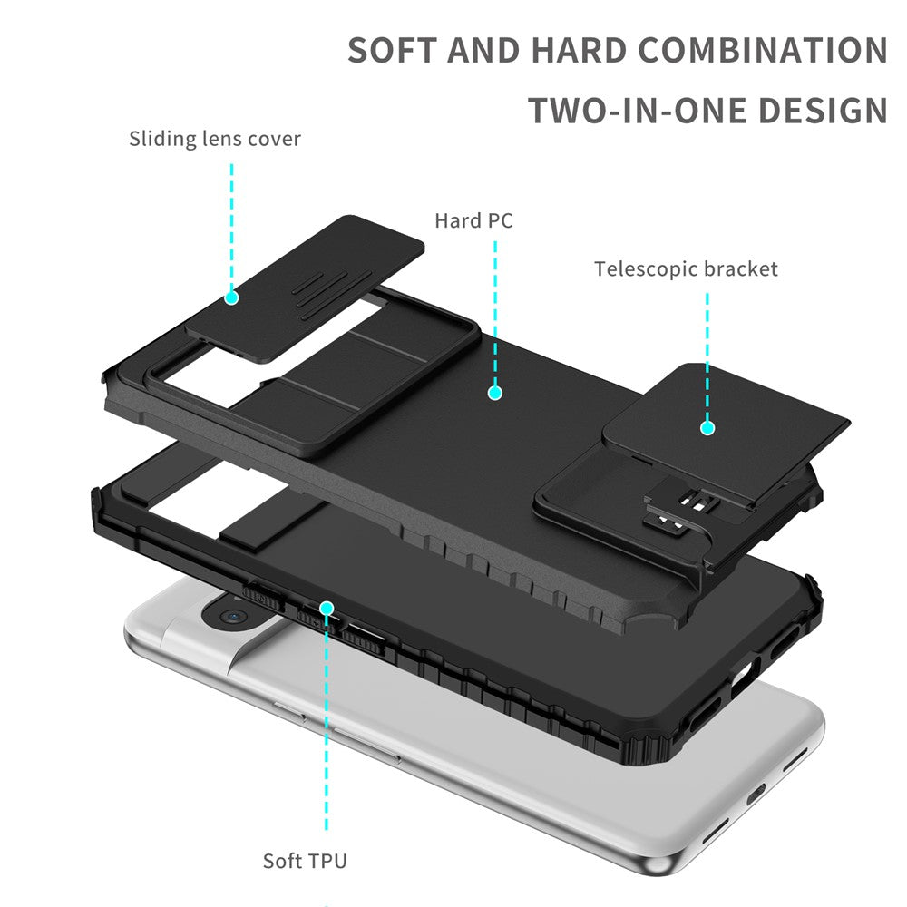 Til Google Pixel 8 Pro PC + TPU telefonbeskytter med skydbar kameralinsebeskytter og støttefod