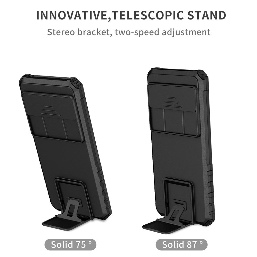 Til Google Pixel 8 Pro PC + TPU telefonbeskytter med skydbar kameralinsebeskytter og støttefod