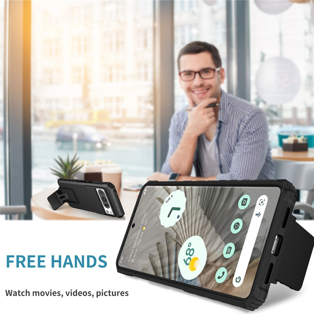 Til Google Pixel 8 Pro PC + TPU telefonbeskytter med skydbar kameralinsebeskytter og støttefod