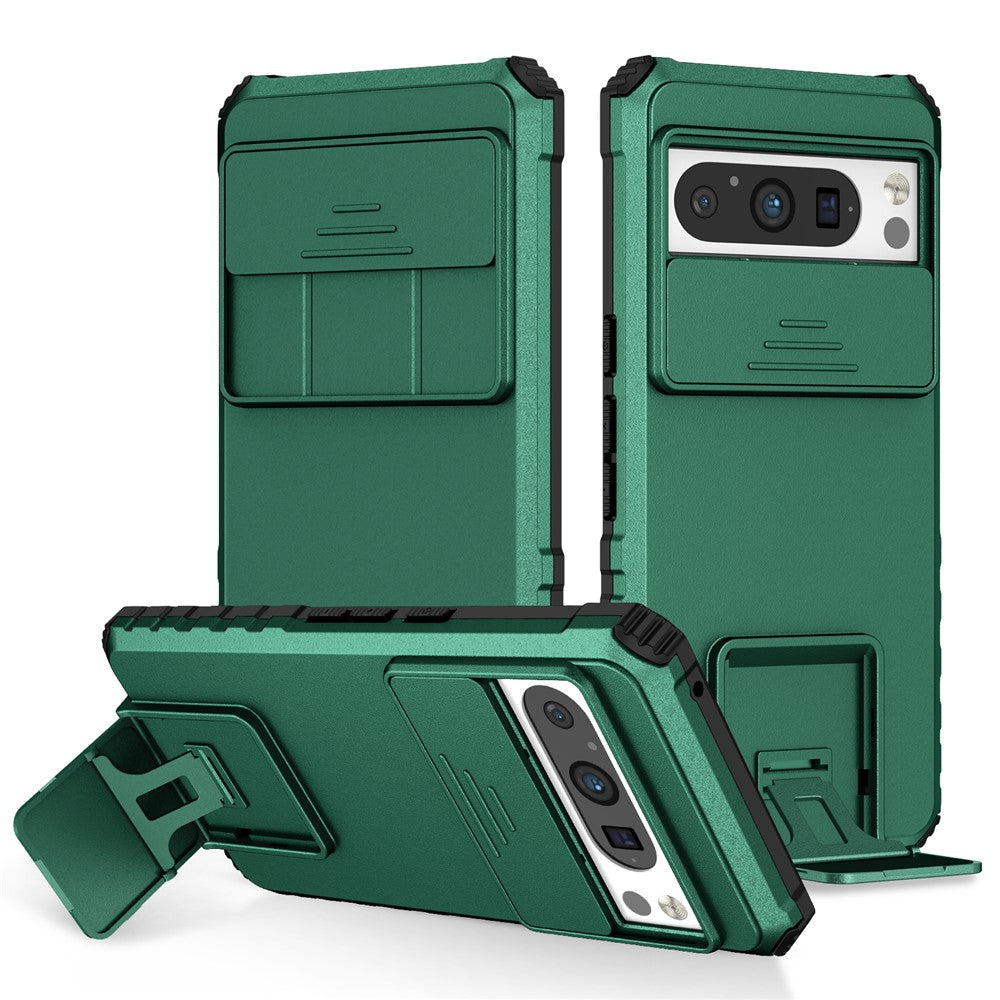 Til Google Pixel 8 Pro PC + TPU telefonbeskytter med skydbar kameralinsebeskytter og støttefod