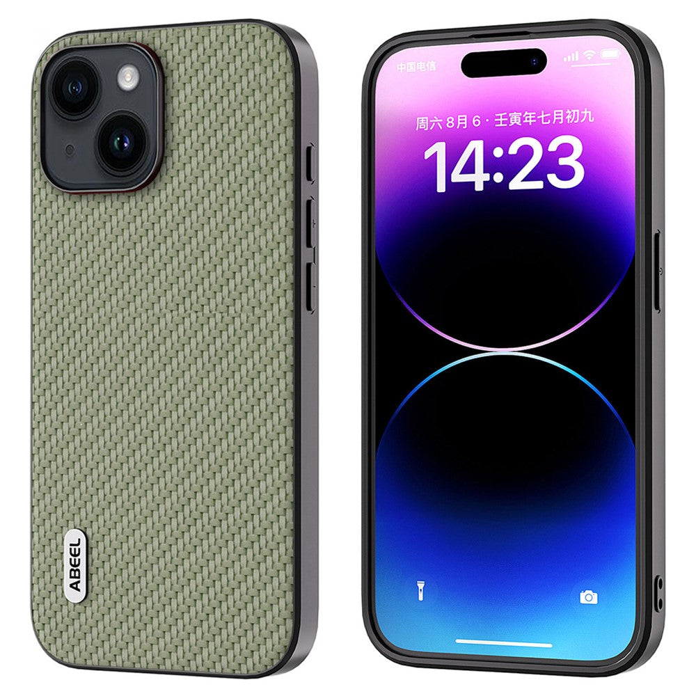 ABEEL Carbon Fiber Texture Phone Case for iPhone 15 , PU Leather Coated PC+TPU Phone Cover