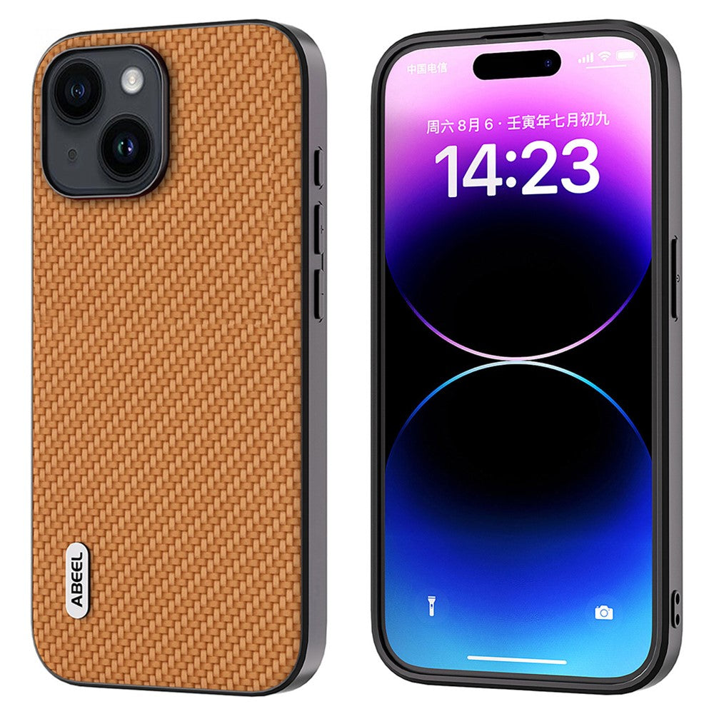 ABEEL Carbon Fiber Texture Phone Case for iPhone 15 , PU Leather Coated PC+TPU Phone Cover