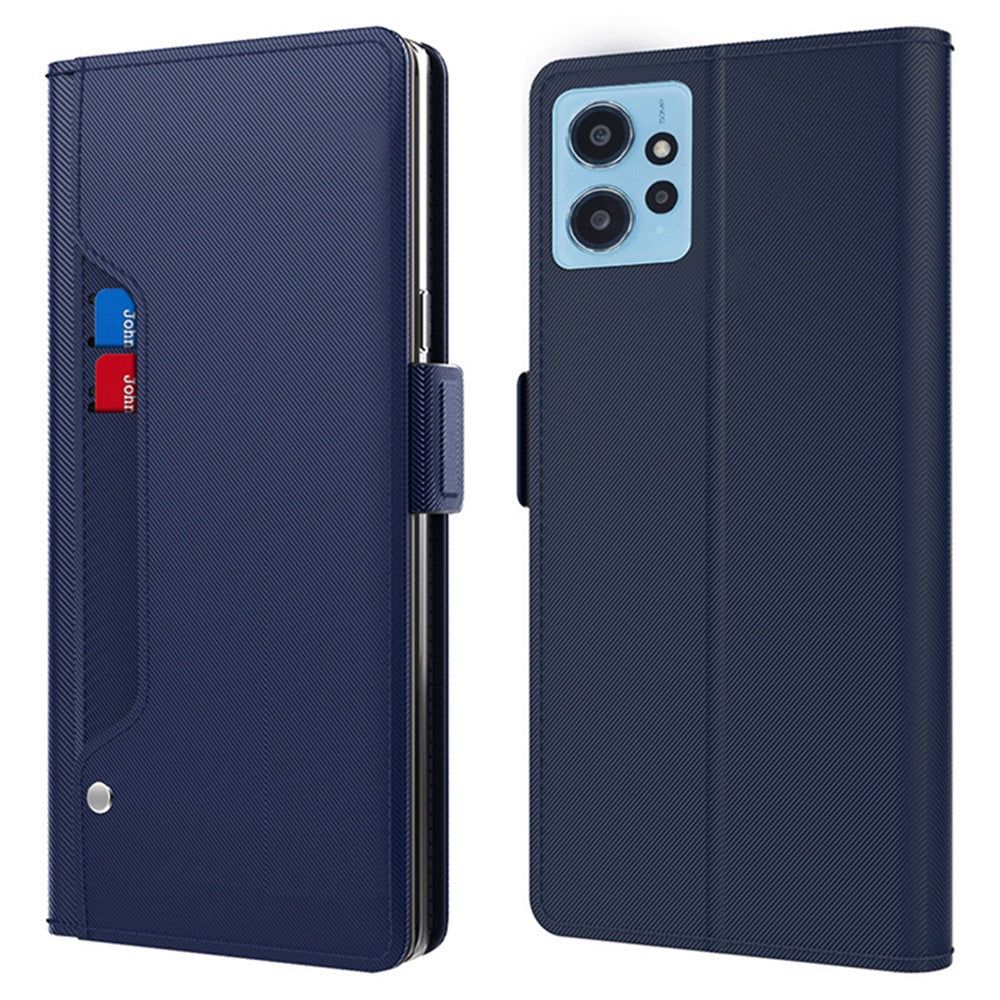 Silkeslent läderfodral för Xiaomi Redmi Note 12 4G, mobilställ med inbyggd spegel och korthållare.