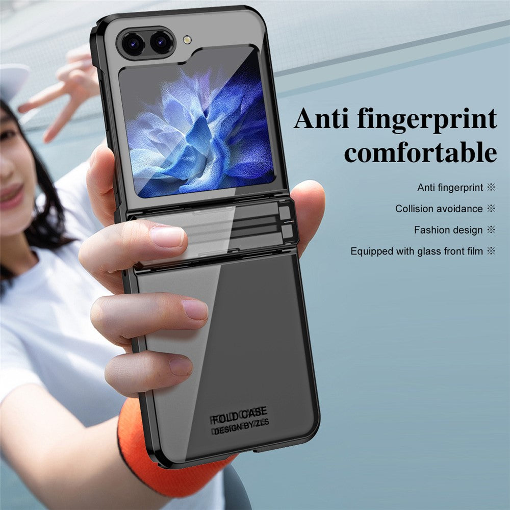 Til Samsung Galaxy Z Flip5 5G Stødsikkert Hårdt PC-cover Galvaniseret Telefonbeskyttelsesetui Indbygget Glasfilm