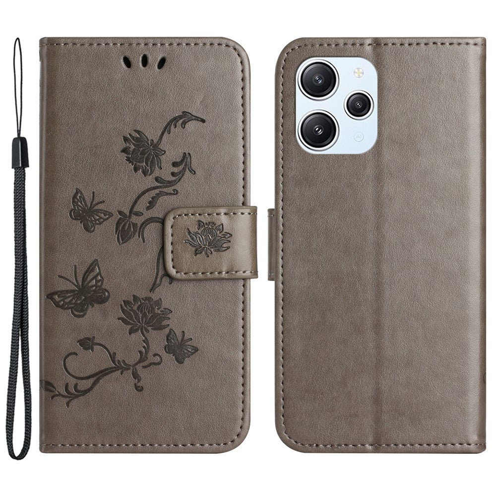 For Xiaomi Redmi 12 4G Wallet Stand Phone Case Butterfly Flower Imprinted PU Leather Cover