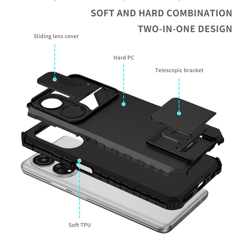 For Honor X7 Slide Camera Lid PC+TPU Cover Anti-drop Kickstand Phone Case