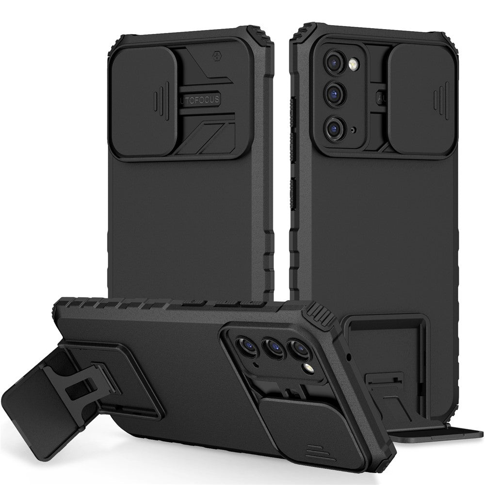 Samsung Galaxy S20 FE 4G / FE 5G / Lite / FE 2022 Skjutbart kameralock Bakstycke Stativ PC+TPU mobilskal