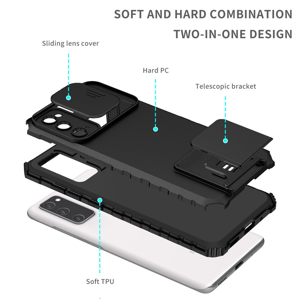 Samsung Galaxy S20 FE 4G / FE 5G / Lite / FE 2022 Skjutbart kameralock Bakstycke Stativ PC+TPU mobilskal