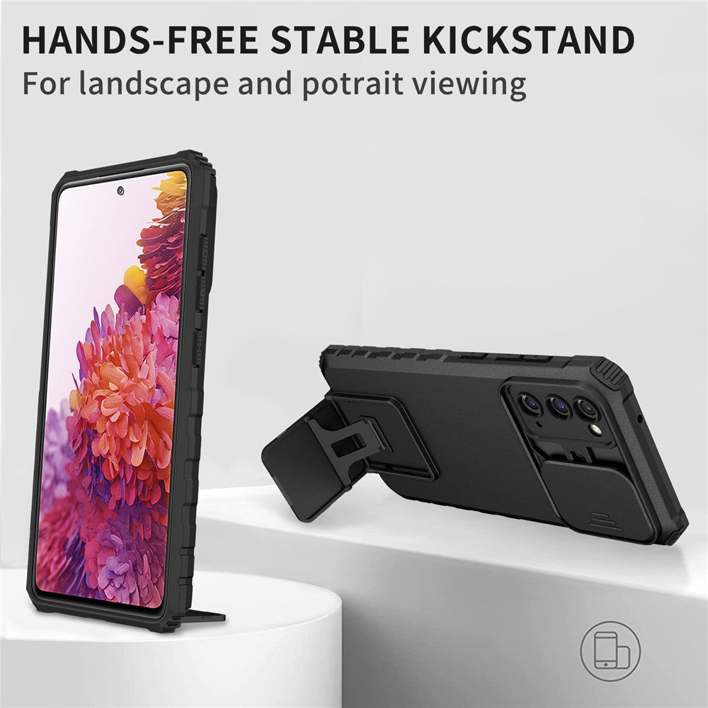 Samsung Galaxy S20 FE 4G / FE 5G / Lite / FE 2022 Skjutbart kameralock Bakstycke Stativ PC+TPU mobilskal