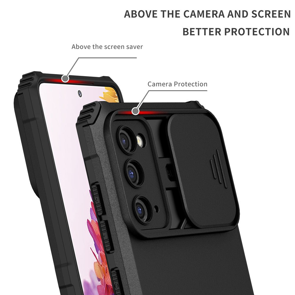 Samsung Galaxy S20 FE 4G / FE 5G / Lite / FE 2022 Skjutbart kameralock Bakstycke Stativ PC+TPU mobilskal