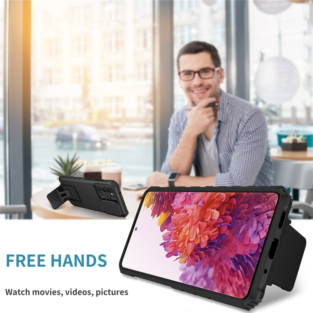 Samsung Galaxy S20 FE 4G / FE 5G / Lite / FE 2022 Skjutbart kameralock Bakstycke Stativ PC+TPU mobilskal