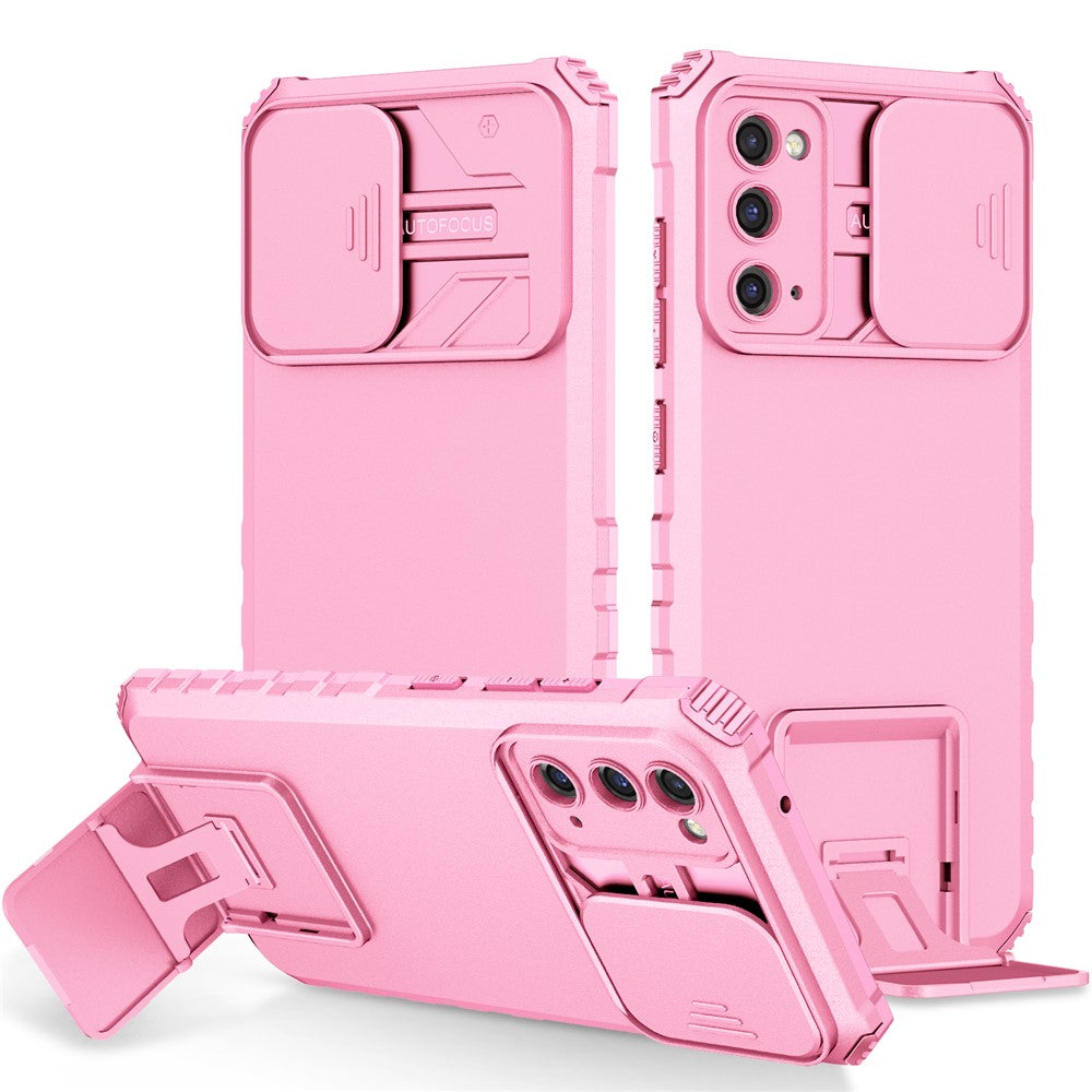Samsung Galaxy S20 FE 4G / FE 5G / Lite / FE 2022 Skjutbart kameralock Bakstycke Stativ PC+TPU mobilskal