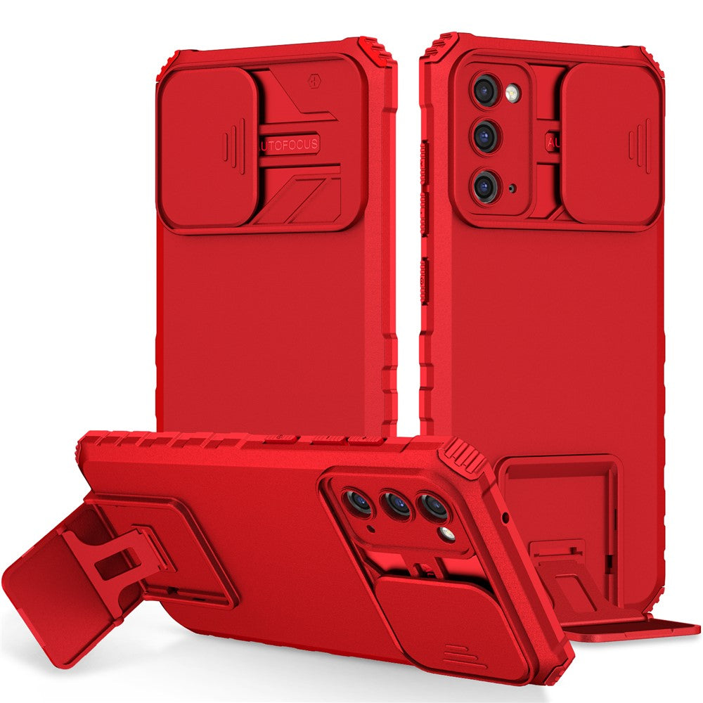 Samsung Galaxy S20 FE 4G / FE 5G / Lite / FE 2022 Skjutbart kameralock Bakstycke Stativ PC+TPU mobilskal
