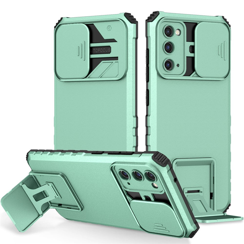 Samsung Galaxy S20 FE 4G / FE 5G / Lite / FE 2022 Skjutbart kameralock Bakstycke Stativ PC+TPU mobilskal