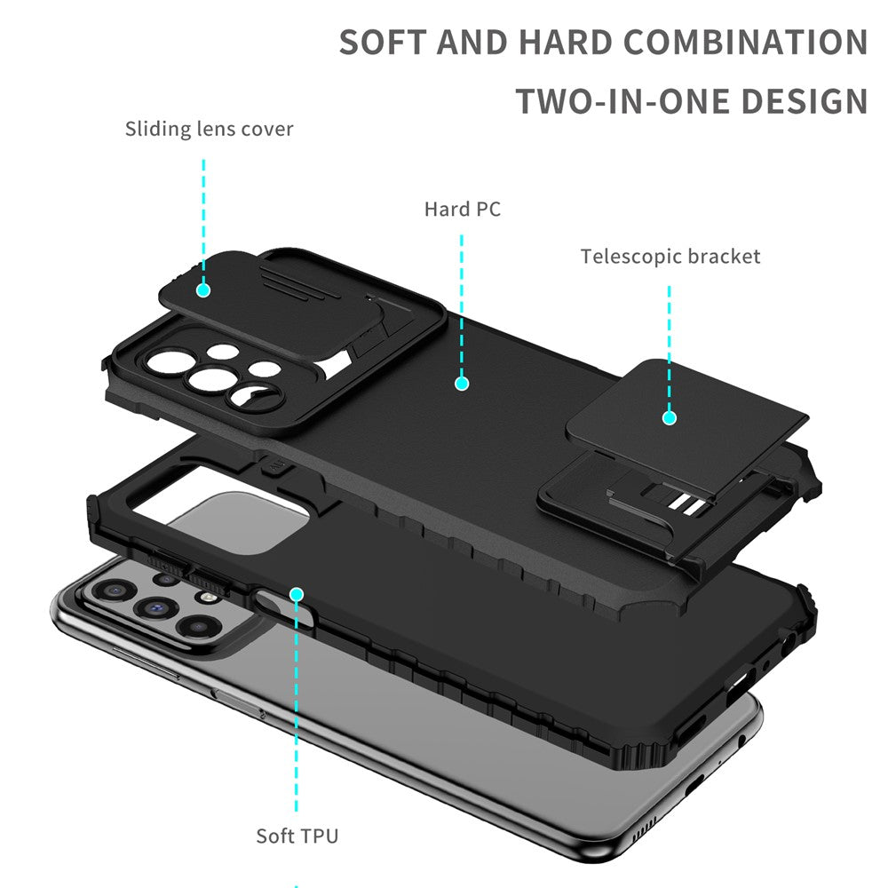 For Samsung Galaxy A23 4G / A23 5G (Global Version) Slide Camera Lid Phone Case PC+TPU Kickstand Cover
