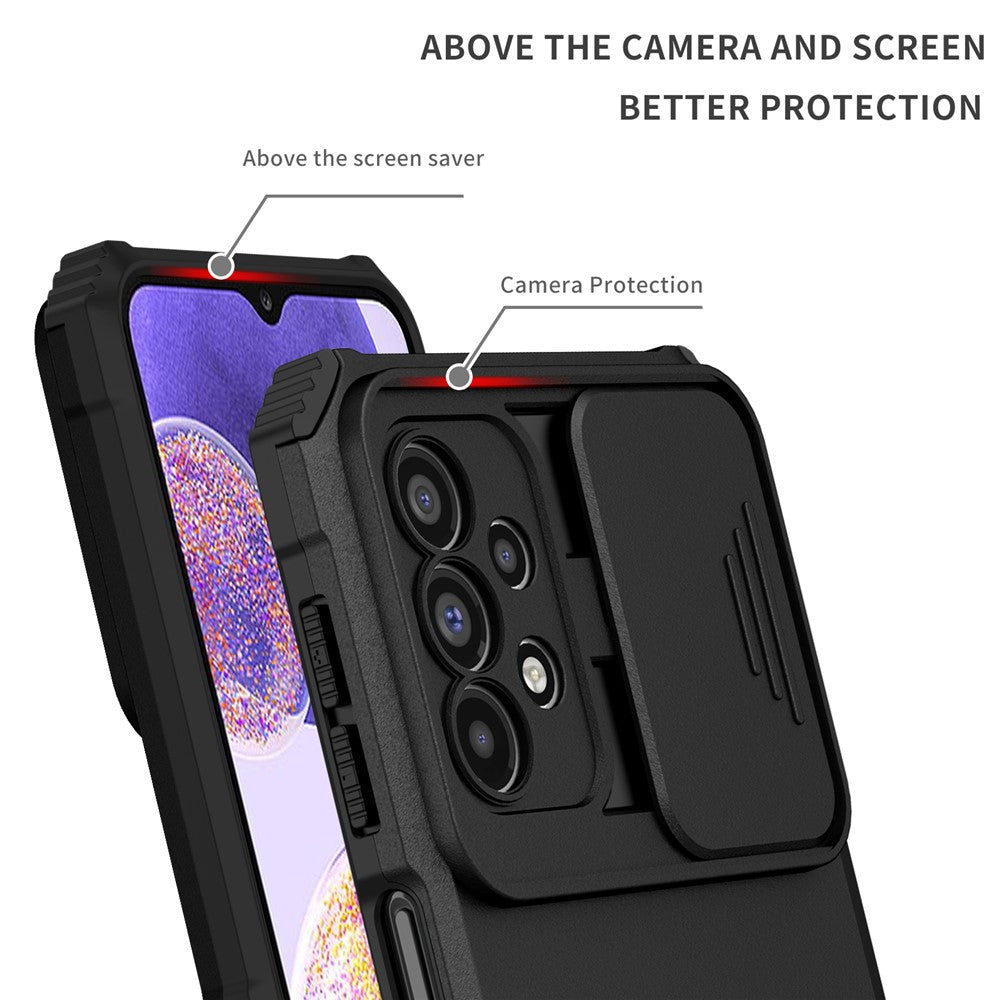 For Samsung Galaxy A23 4G / A23 5G (Global Version) Slide Camera Lid Phone Case PC+TPU Kickstand Cover