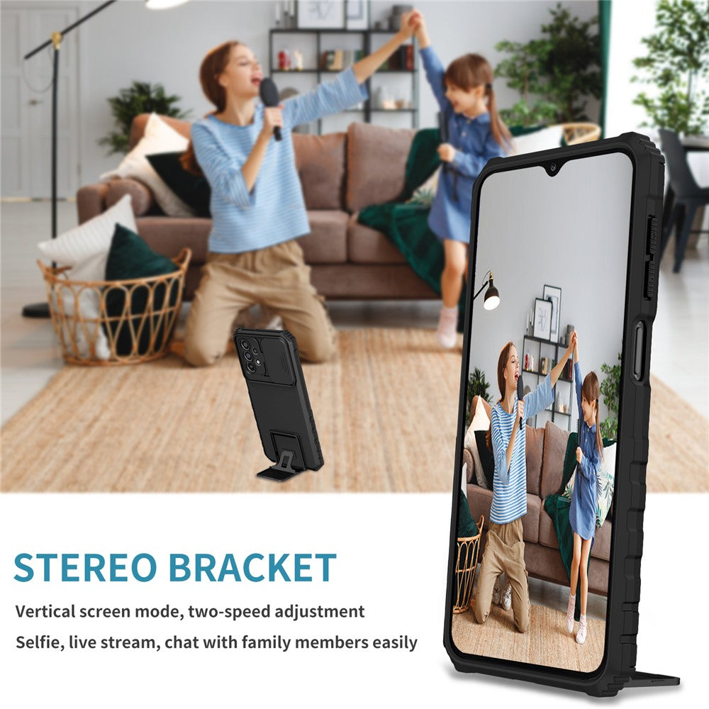For Samsung Galaxy A23 4G / A23 5G (Global Version) Slide Camera Lid Phone Case PC+TPU Kickstand Cover