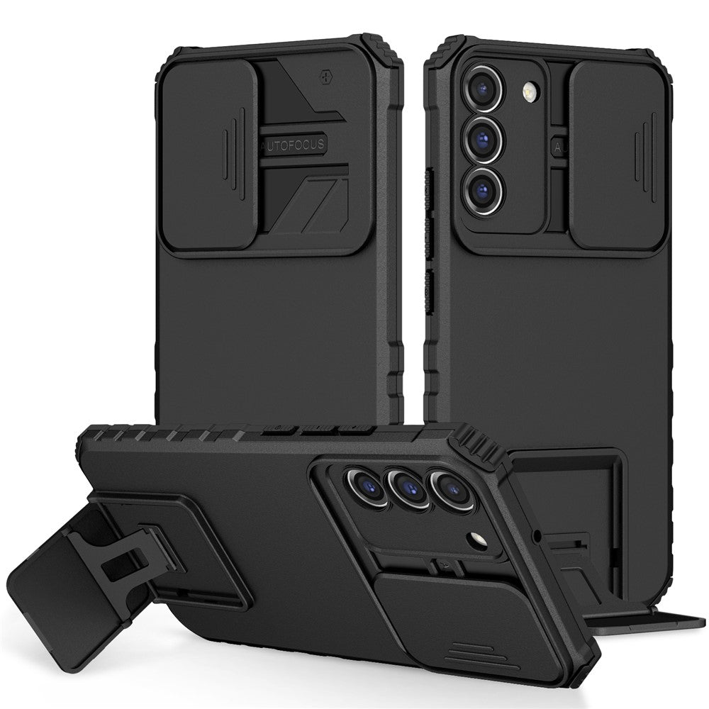 For Samsung Galaxy S22+ 5G Slide Lens Shield Anti-fall Cover Kickstand PC+TPU Phone Case