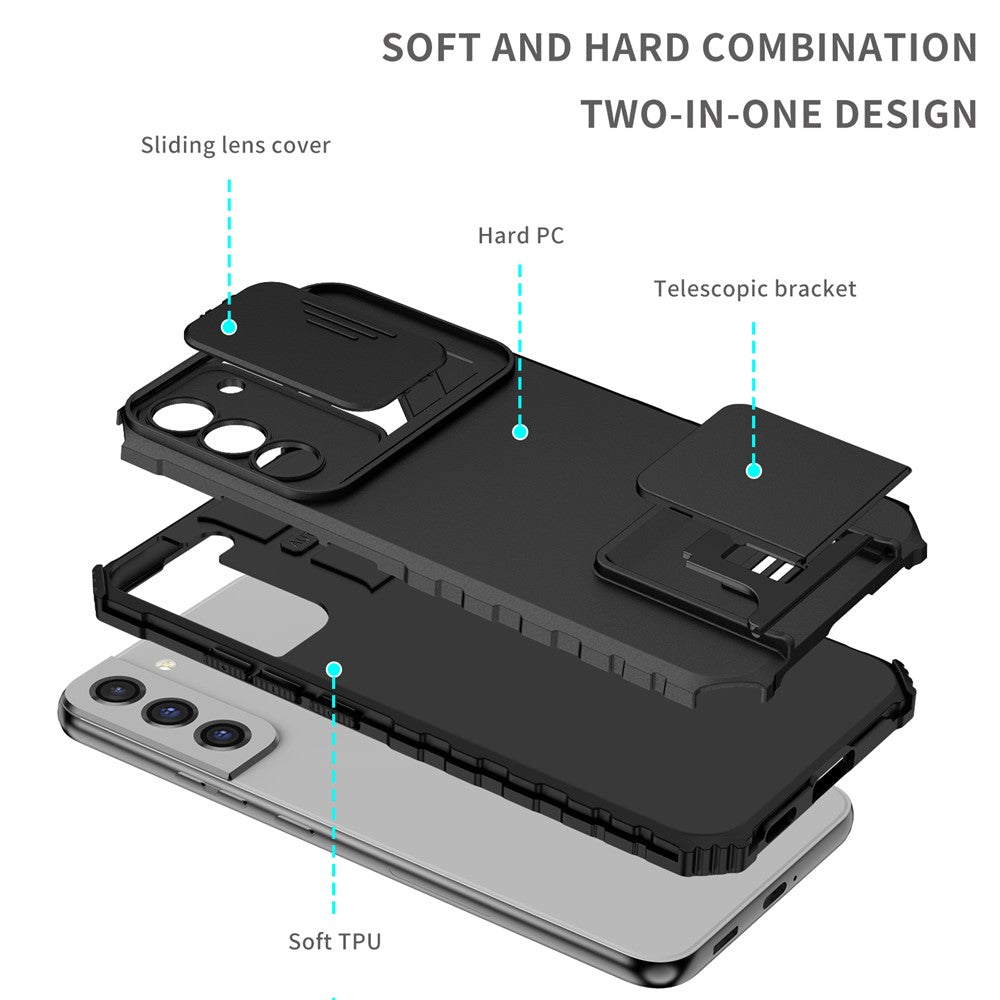 For Samsung Galaxy S22+ 5G Slide Lens Shield Anti-fall Cover Kickstand PC+TPU Phone Case