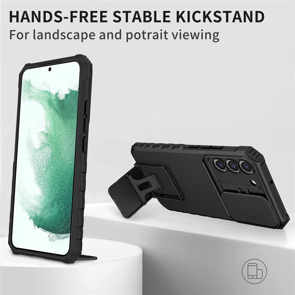 For Samsung Galaxy S22+ 5G Slide Lens Shield Anti-fall Cover Kickstand PC+TPU Phone Case