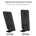 For Samsung Galaxy S22+ 5G Slide Lens Shield Anti-fall Cover Kickstand PC+TPU Phone Case