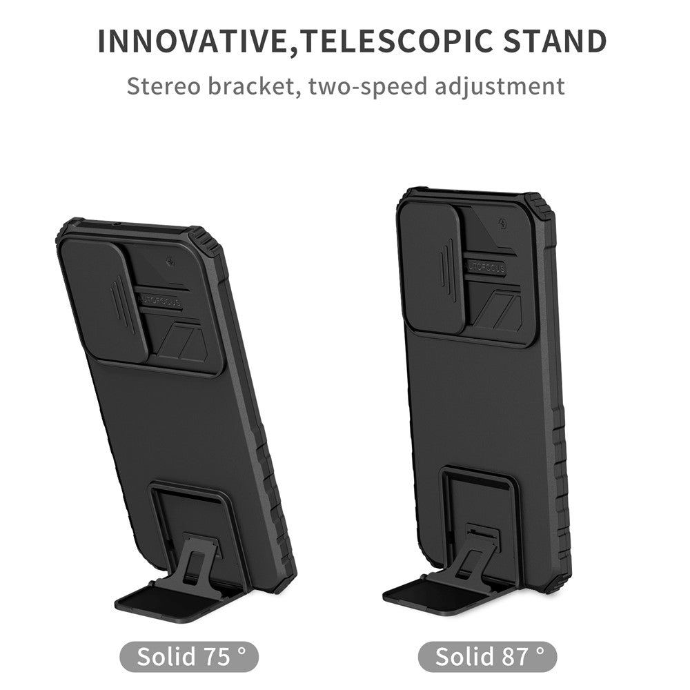 For Samsung Galaxy S22+ 5G Slide Lens Shield Anti-fall Cover Kickstand PC+TPU Phone Case