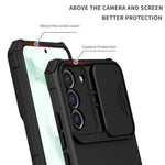 For Samsung Galaxy S22+ 5G Slide Lens Shield Anti-fall Cover Kickstand PC+TPU Phone Case