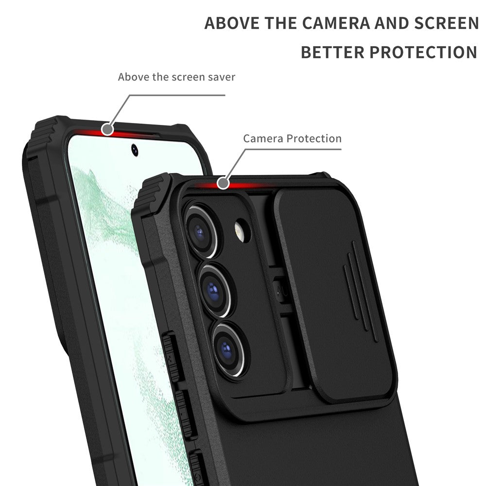 For Samsung Galaxy S22+ 5G Slide Lens Shield Anti-fall Cover Kickstand PC+TPU Phone Case