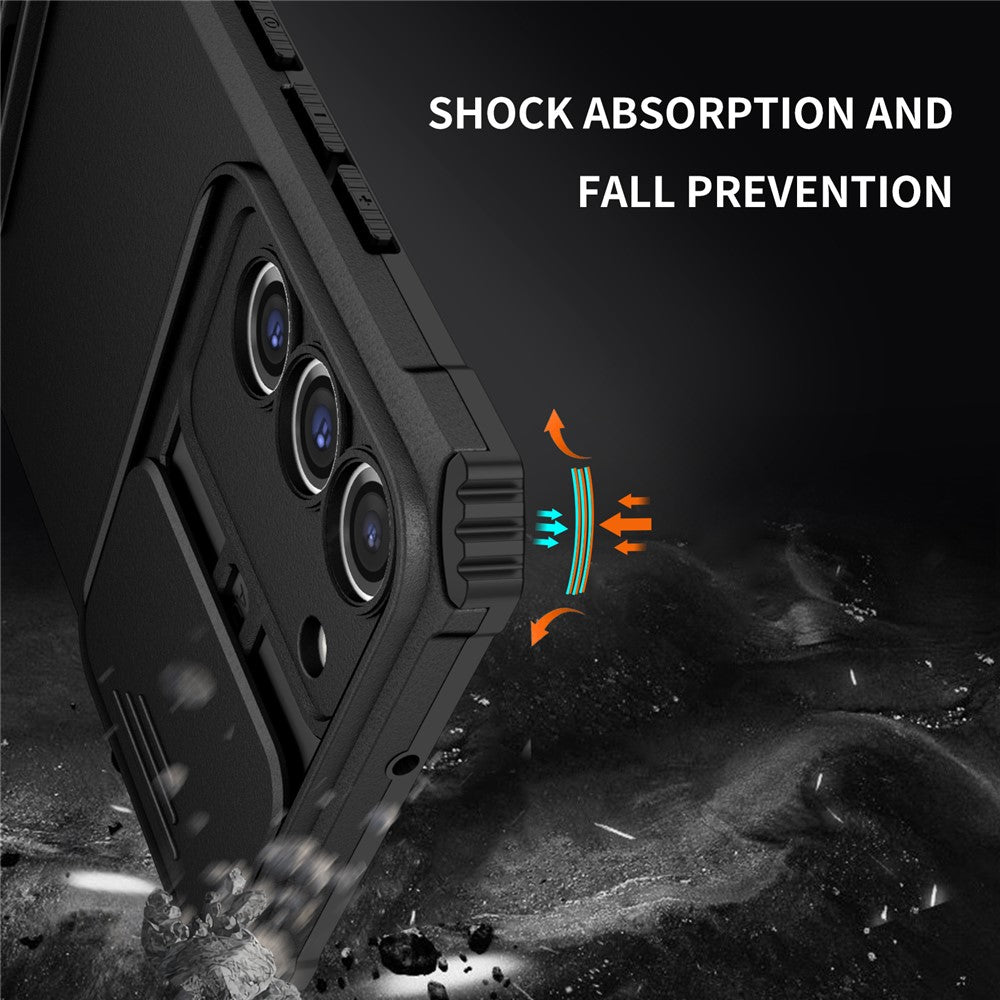 For Samsung Galaxy S22+ 5G Slide Lens Shield Anti-fall Cover Kickstand PC+TPU Phone Case
