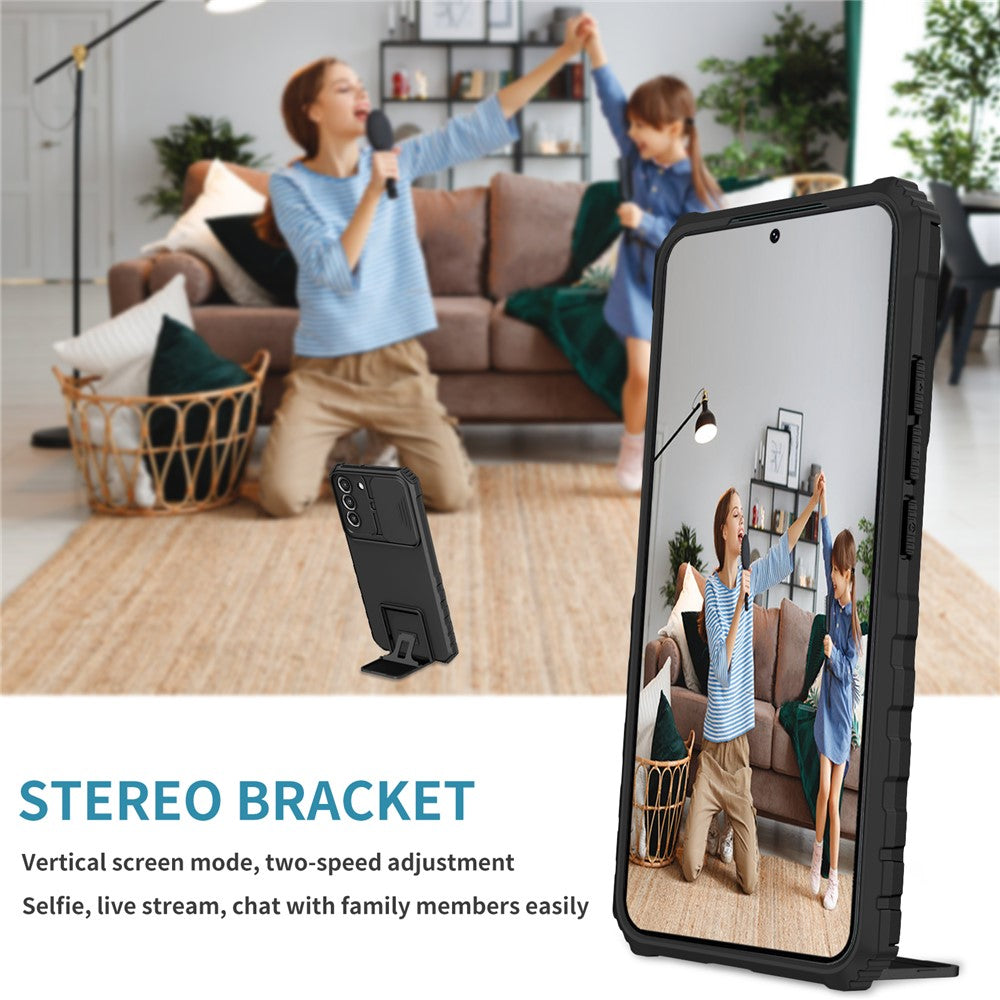 For Samsung Galaxy S22+ 5G Slide Lens Shield Anti-fall Cover Kickstand PC+TPU Phone Case