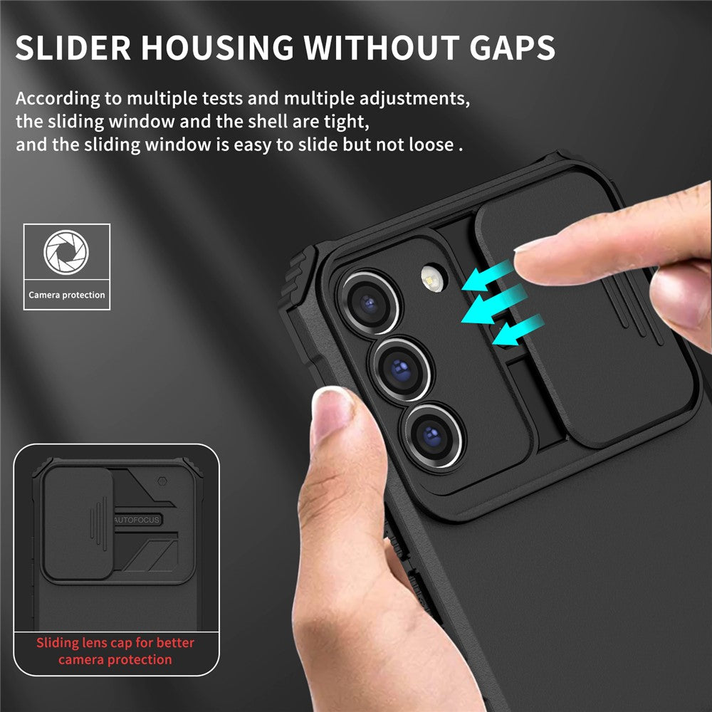 For Samsung Galaxy S22+ 5G Slide Lens Shield Anti-fall Cover Kickstand PC+TPU Phone Case
