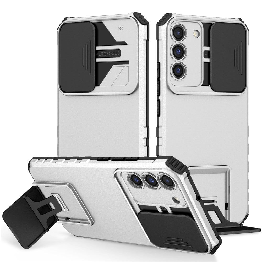 For Samsung Galaxy S22+ 5G Slide Lens Shield Anti-fall Cover Kickstand PC+TPU Phone Case