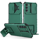 For Samsung Galaxy S22+ 5G Slide Lens Shield Anti-fall Cover Kickstand PC+TPU Phone Case