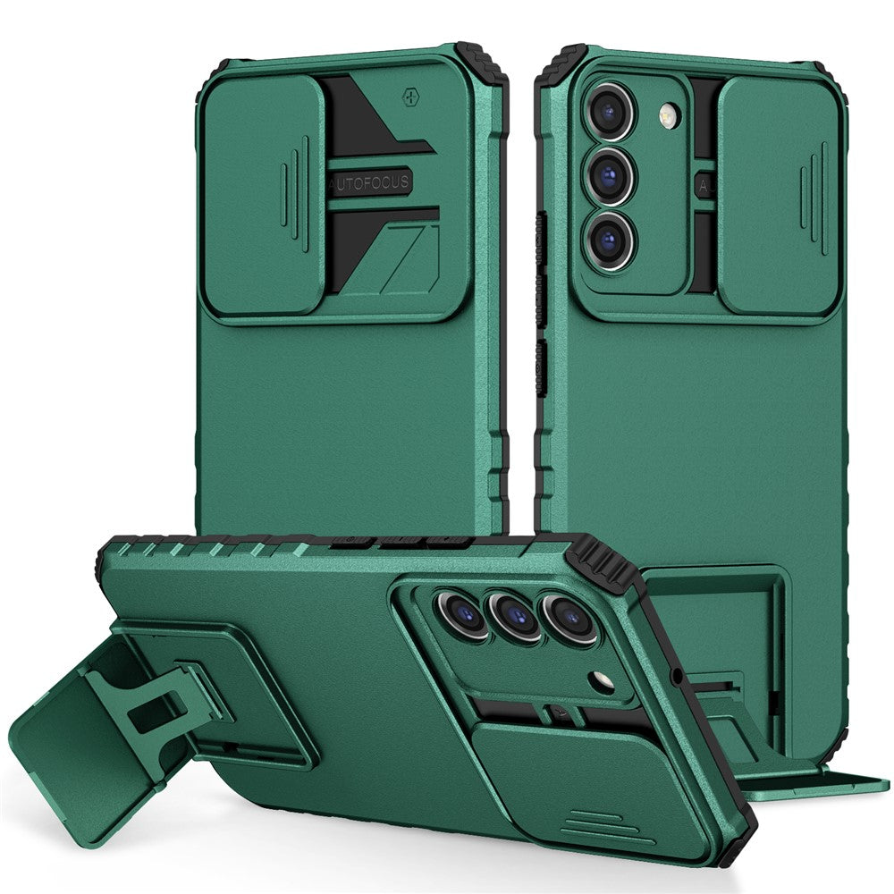 For Samsung Galaxy S22+ 5G Slide Lens Shield Anti-fall Cover Kickstand PC+TPU Phone Case