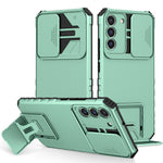 For Samsung Galaxy S22+ 5G Slide Lens Shield Anti-fall Cover Kickstand PC+TPU Phone Case