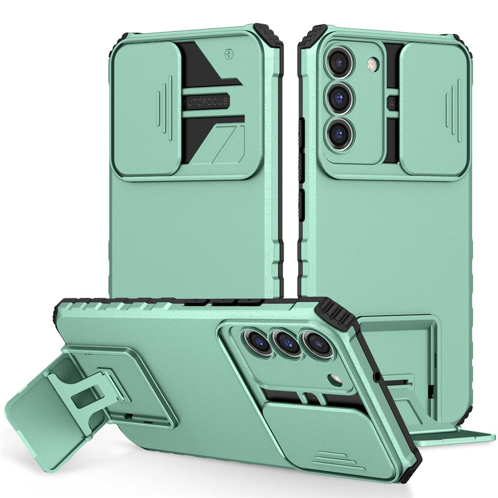For Samsung Galaxy S22+ 5G Slide Lens Shield Anti-fall Cover Kickstand PC+TPU Phone Case