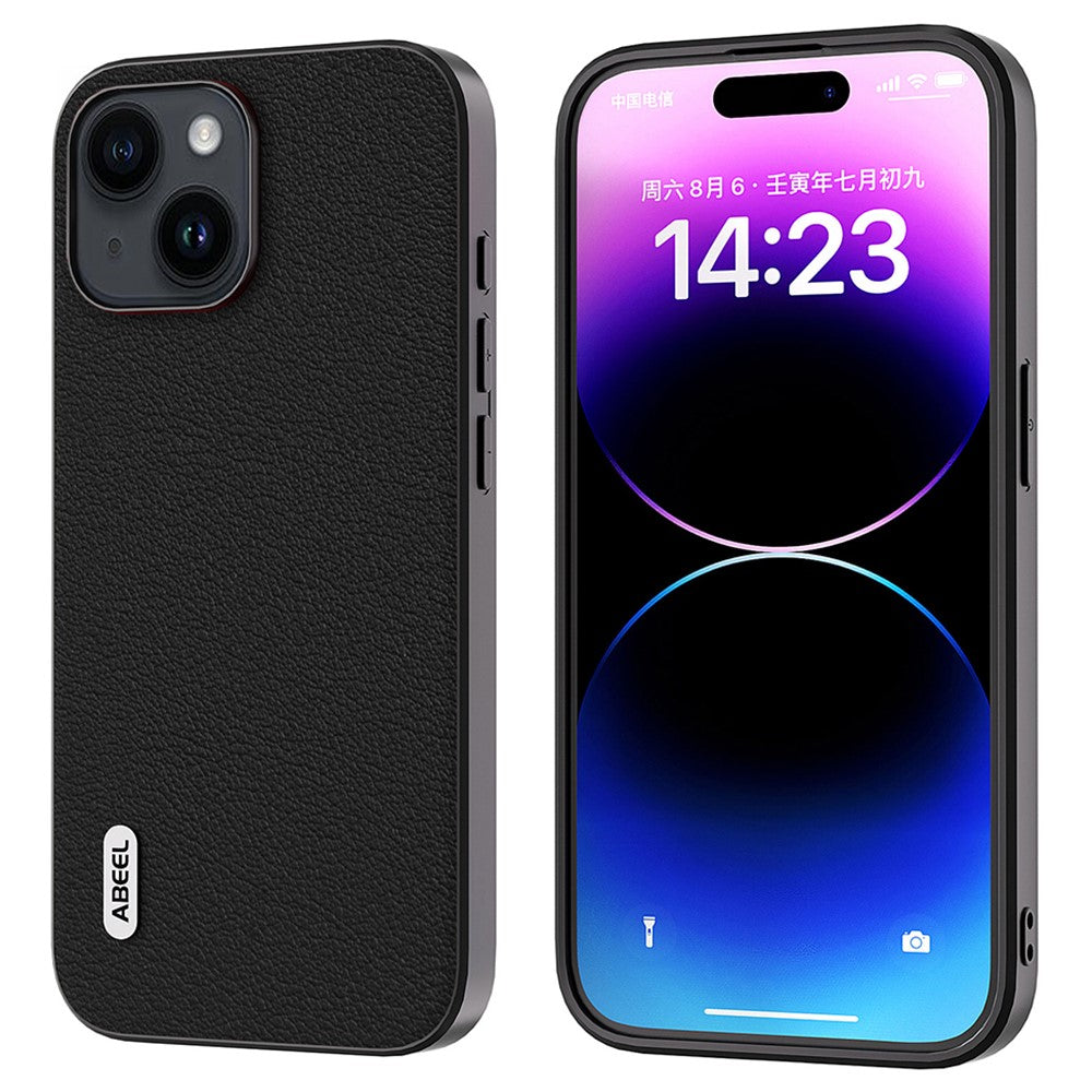 ABEEL For iPhone 15 Shockproof Phone Cover Genuine Cow Leather Coated PC+TPU Textured Case