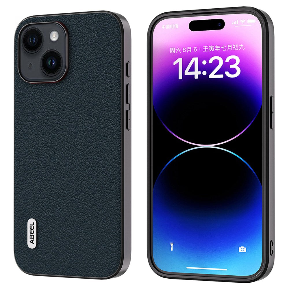 ABEEL For iPhone 15 Shockproof Phone Cover Genuine Cow Leather Coated PC+TPU Textured Case