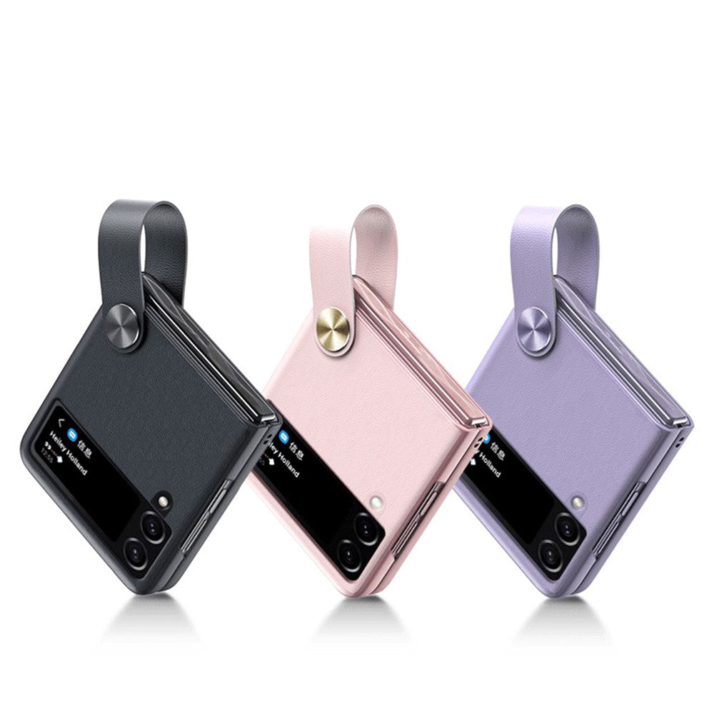 GKK Strap Kickstand Case for Samsung Galaxy Z Flip4 5G Anti-Drop Phone Cover PU Leather Coated Hard PC Case