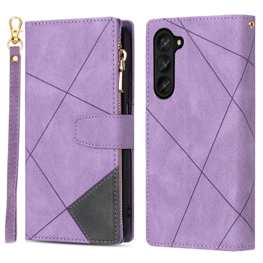 For Samsung Galaxy Z Fold5 5G Wallet Flip Case PU Leather Lines Imprinted Zipper Pocket Stand Phone Cover