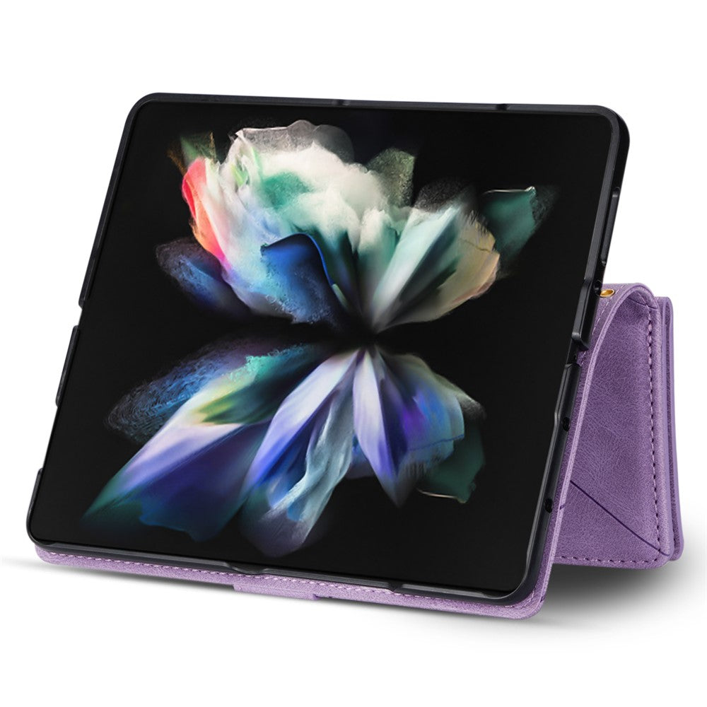 For Samsung Galaxy Z Fold5 5G Wallet Flip Case PU Leather Lines Imprinted Zipper Pocket Stand Phone Cover