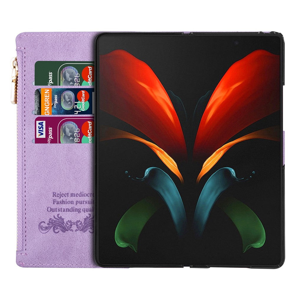 For Samsung Galaxy Z Fold5 5G Wallet Flip Case PU Leather Lines Imprinted Zipper Pocket Stand Phone Cover