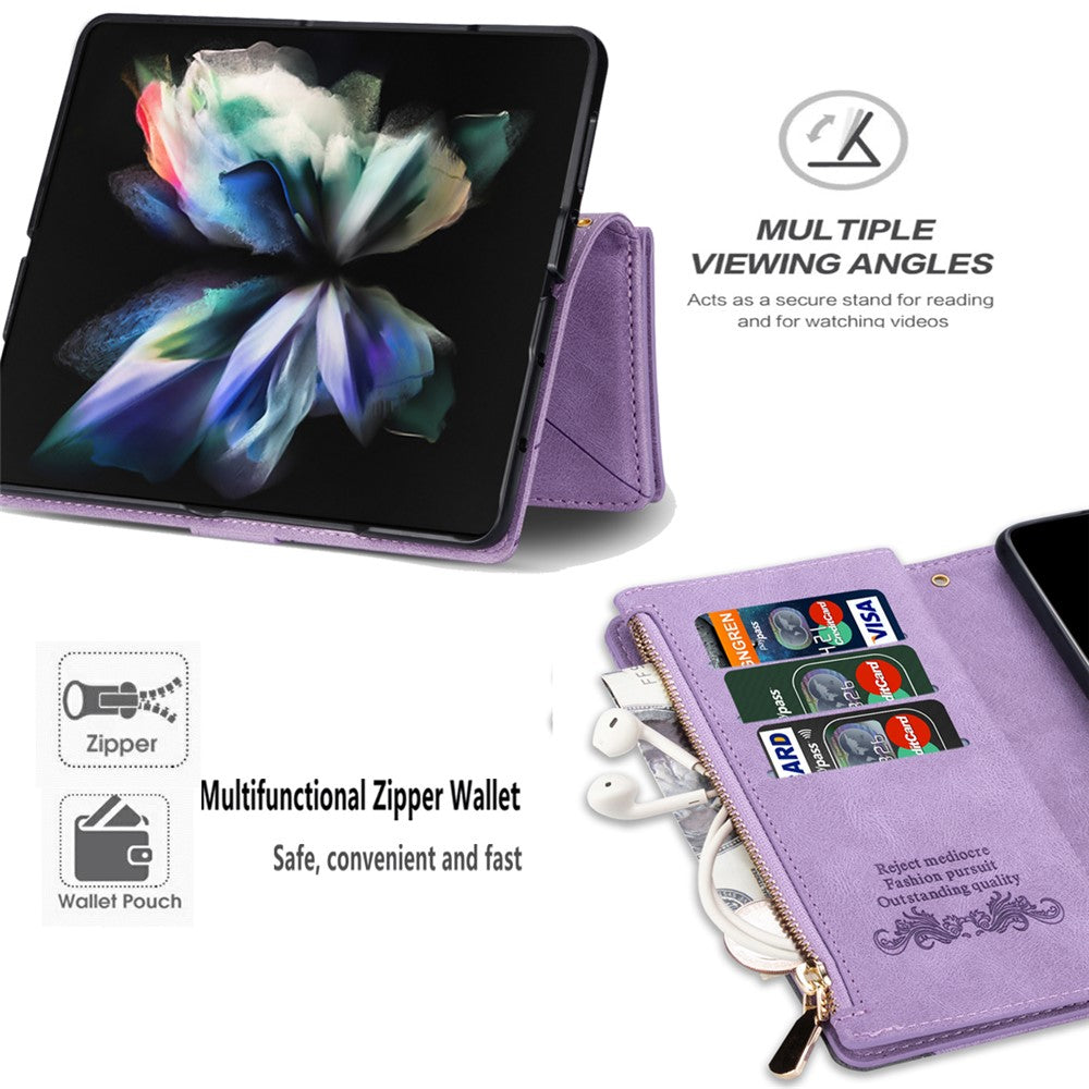 For Samsung Galaxy Z Fold5 5G Wallet Flip Case PU Leather Lines Imprinted Zipper Pocket Stand Phone Cover