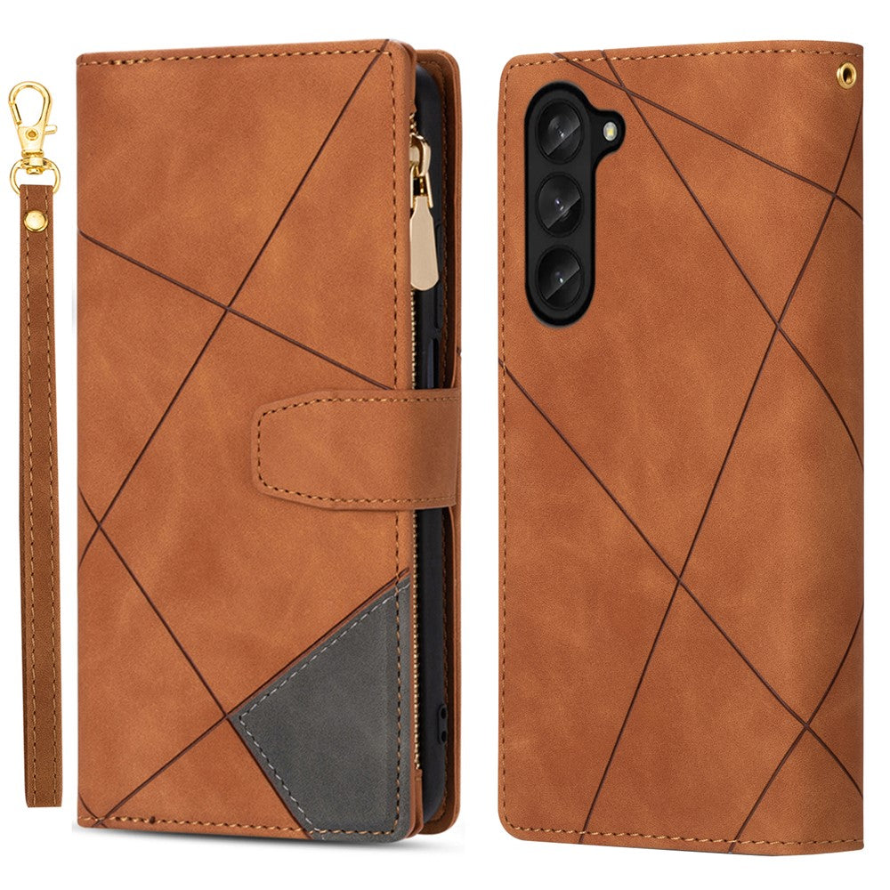For Samsung Galaxy Z Fold5 5G Wallet Flip Case PU Leather Lines Imprinted Zipper Pocket Stand Phone Cover