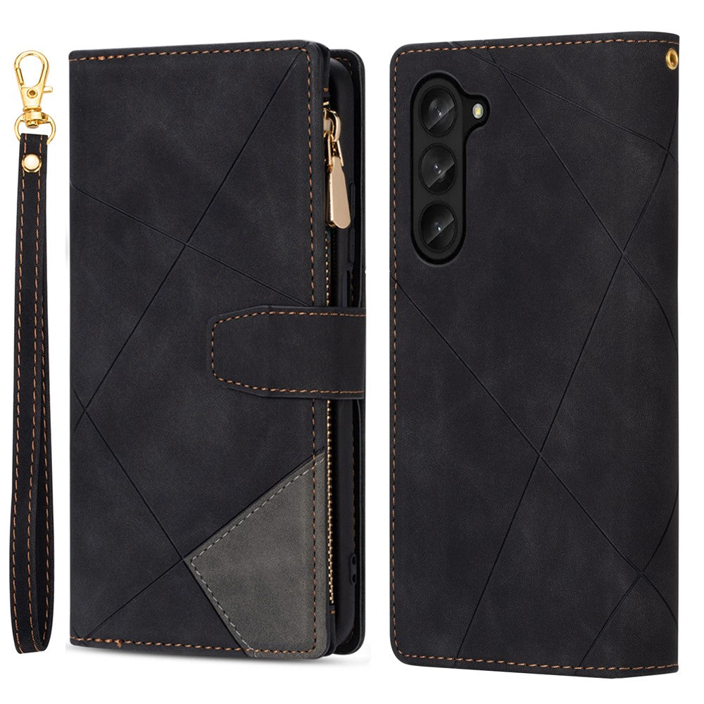 For Samsung Galaxy Z Fold5 5G Wallet Flip Case PU Leather Lines Imprinted Zipper Pocket Stand Phone Cover