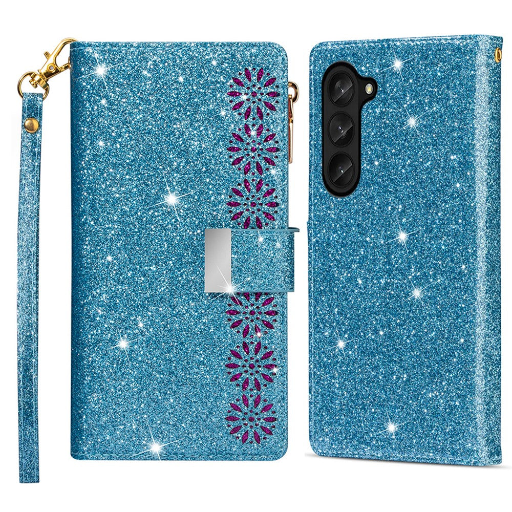 Zipper Wallet Shell for Samsung Galaxy Z Fold5 5G Leather Stand Case Laser Carving Glittery Phone Cover with Strap