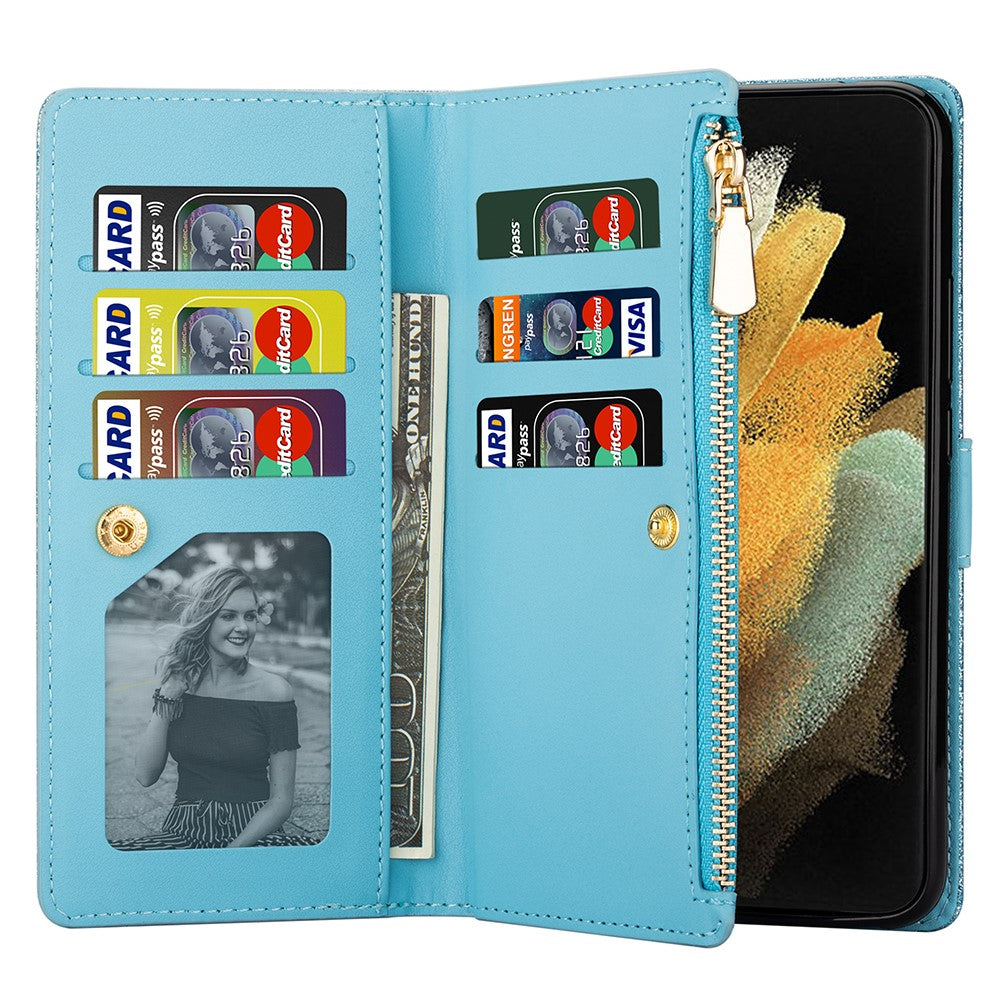 Zipper Wallet Shell for Samsung Galaxy Z Fold5 5G Leather Stand Case Laser Carving Glittery Phone Cover with Strap