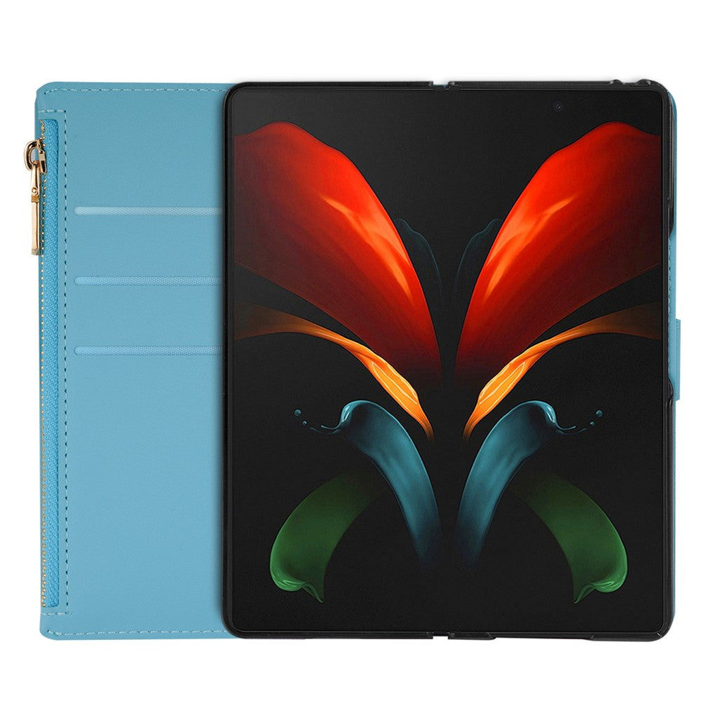 Zipper Wallet Shell for Samsung Galaxy Z Fold5 5G Leather Stand Case Laser Carving Glittery Phone Cover with Strap
